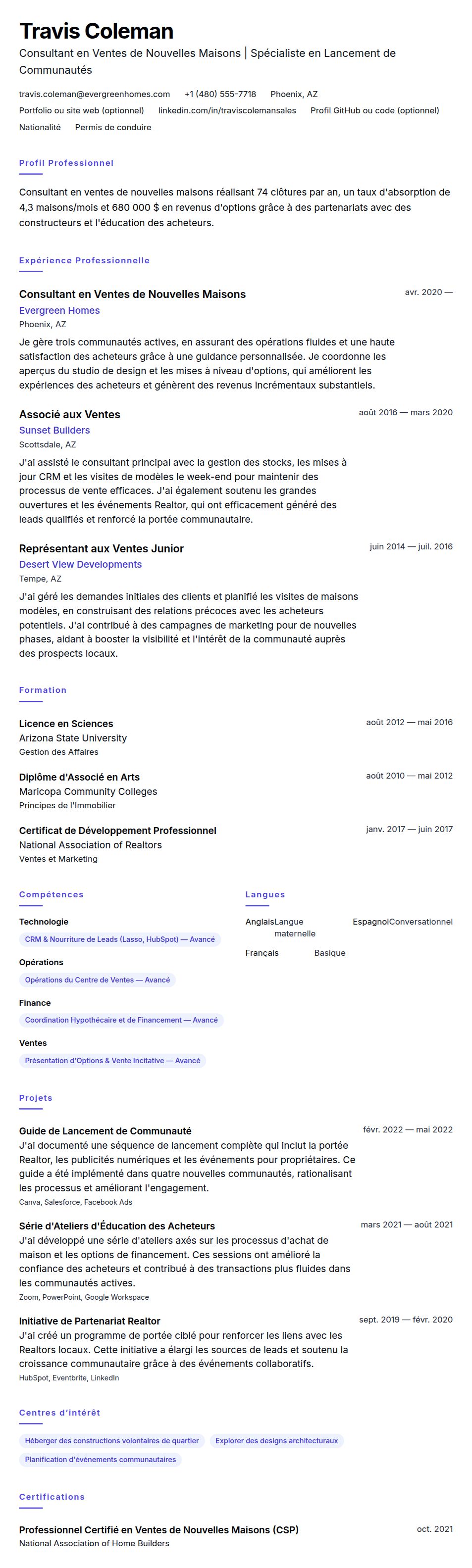 Aperçu du CV Exemple de CV de Consultant en Ventes de Nouvelles Maisons