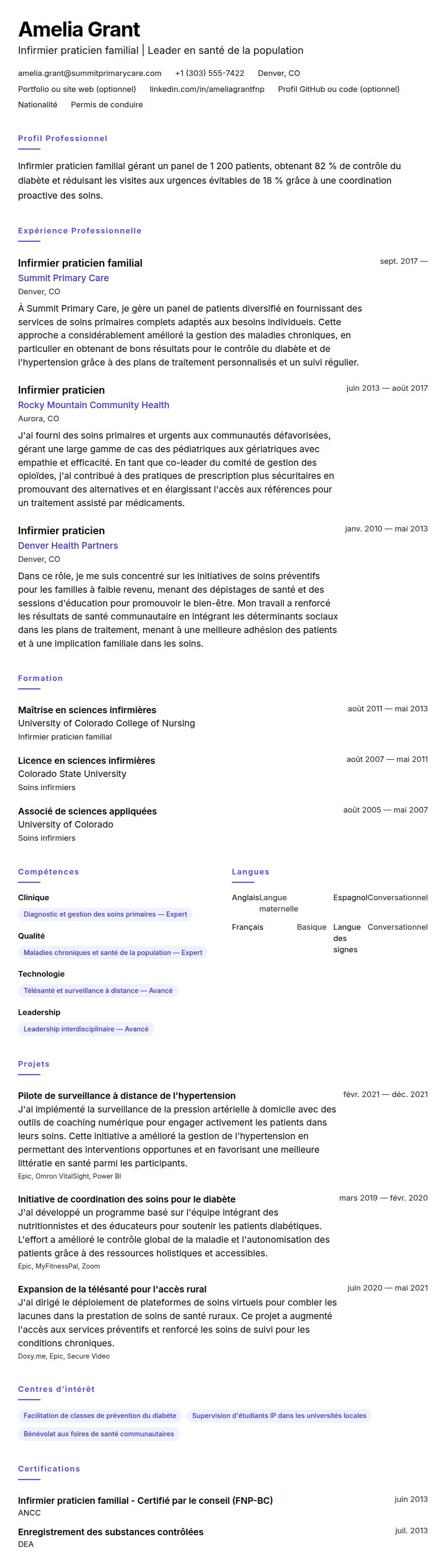 Aperçu du CV Exemple de CV d'infirmier praticien