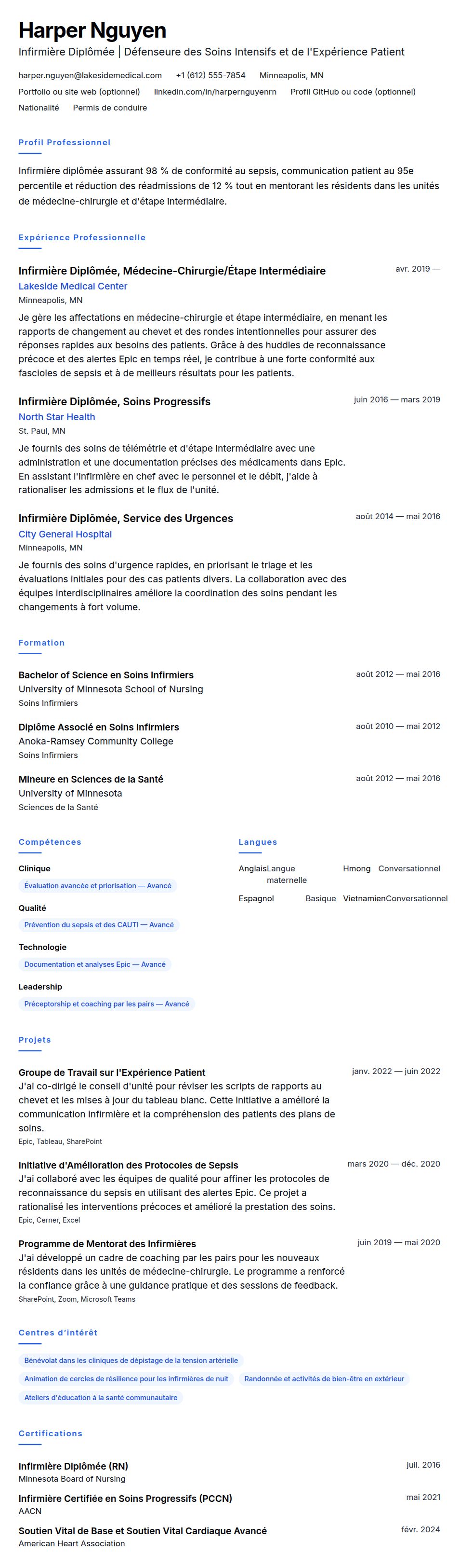Aperçu du CV Exemple de CV d'Infirmière