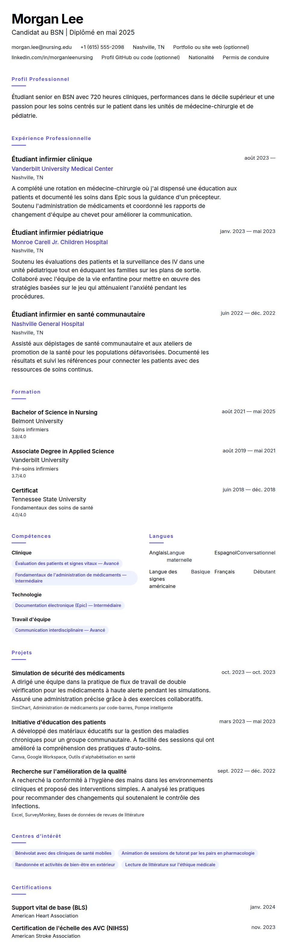 Aperçu du CV Exemple de CV pour étudiant en soins infirmiers