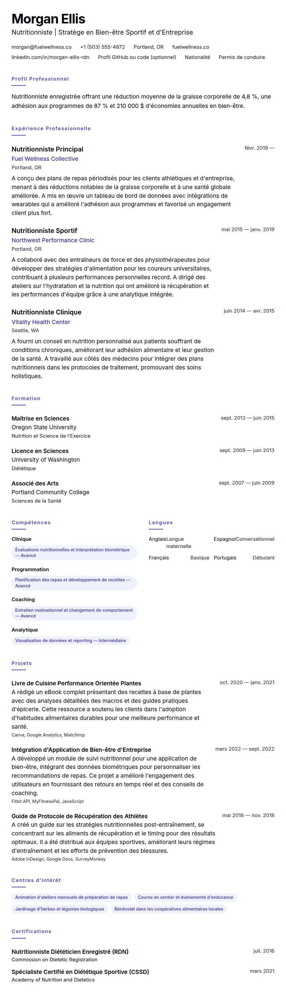 Aperçu du CV Exemple de CV de Nutritionniste