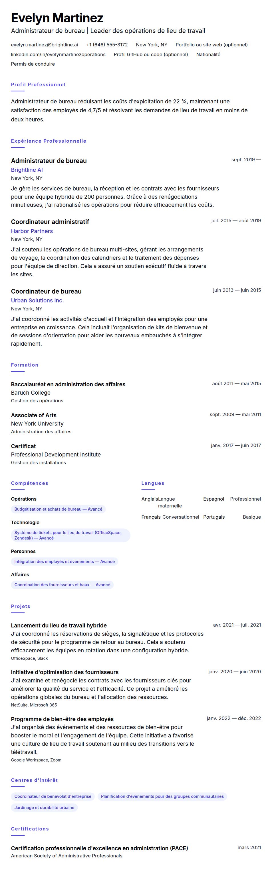 Aperçu du CV Exemple de CV d'Administrateur de bureau