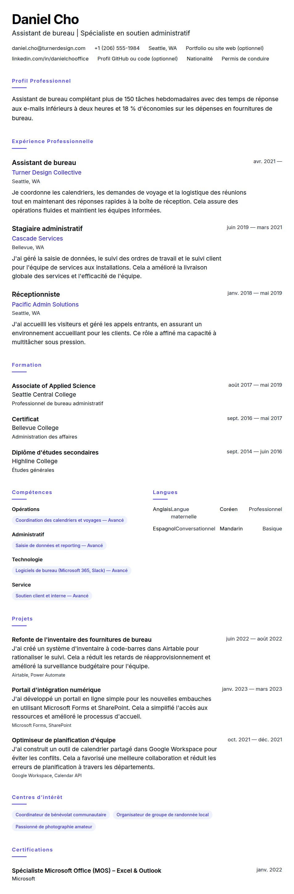 Exemple de CV pour Assistant de bureau
