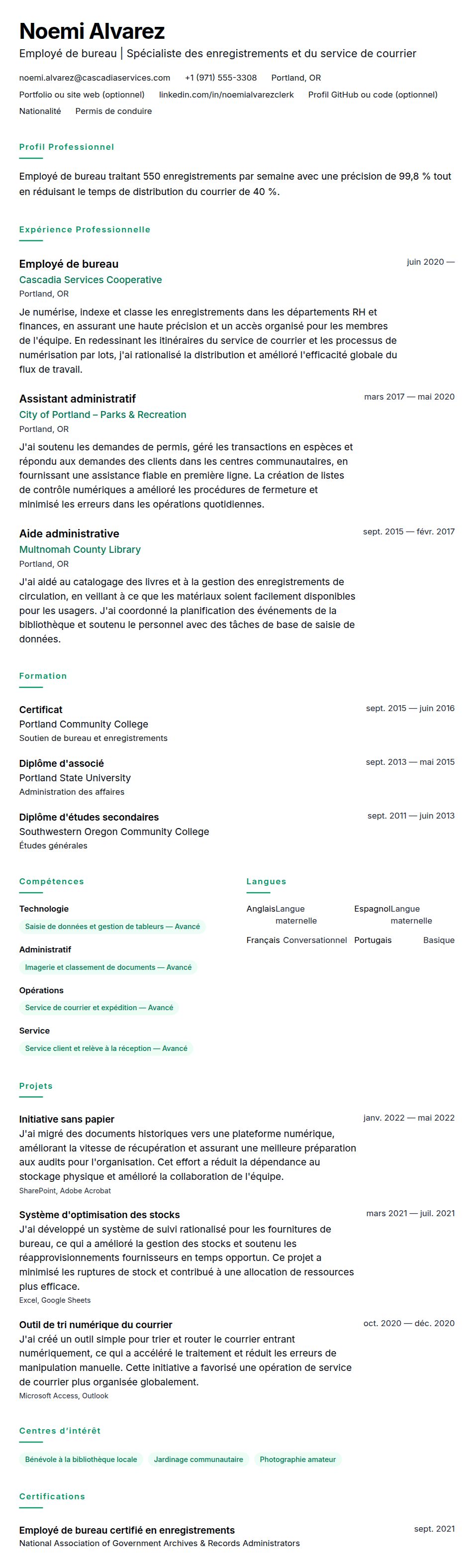 Aperçu du CV Exemple de CV d'employé de bureau