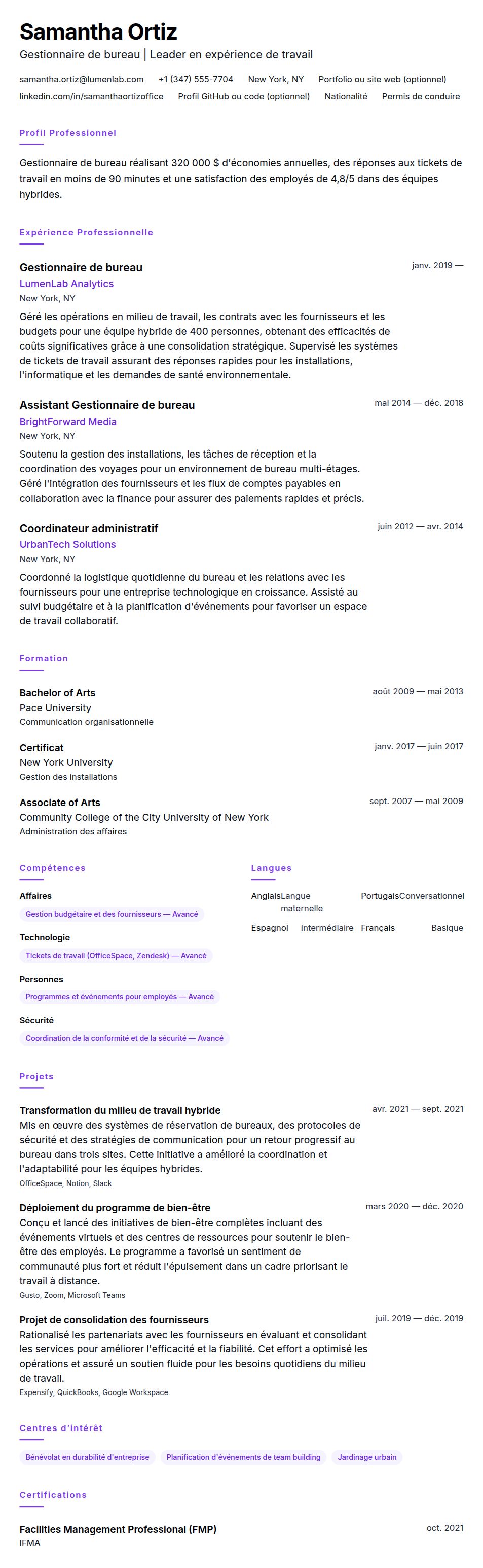 Aperçu du CV Exemple de CV de Gestionnaire de bureau