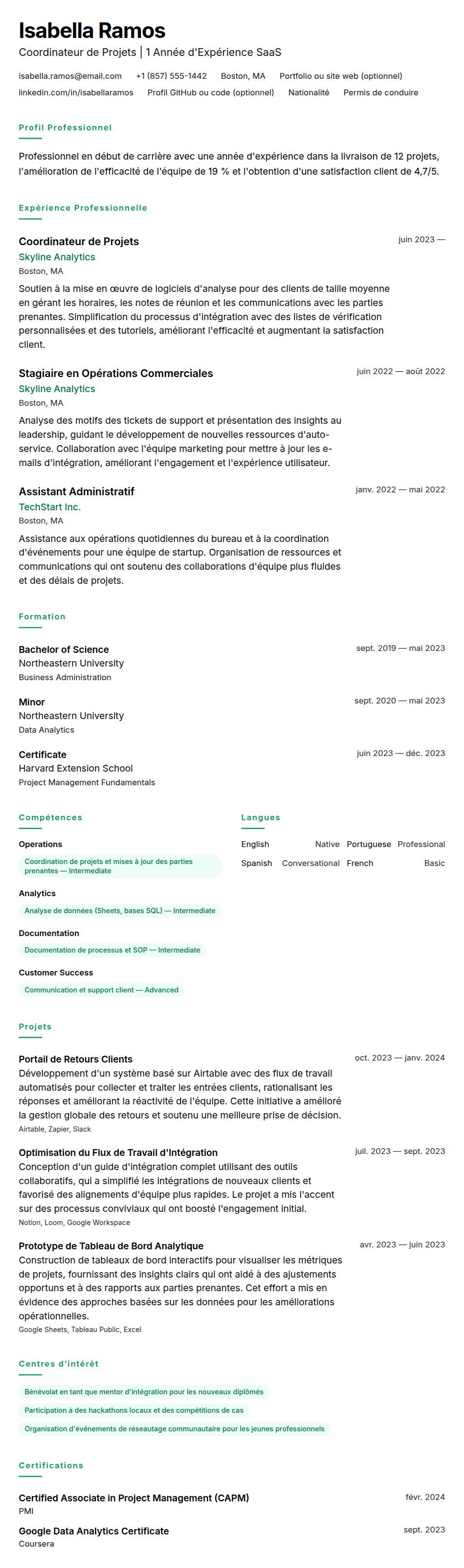 Aperçu du CV Exemple de CV pour Une Année d'Expérience