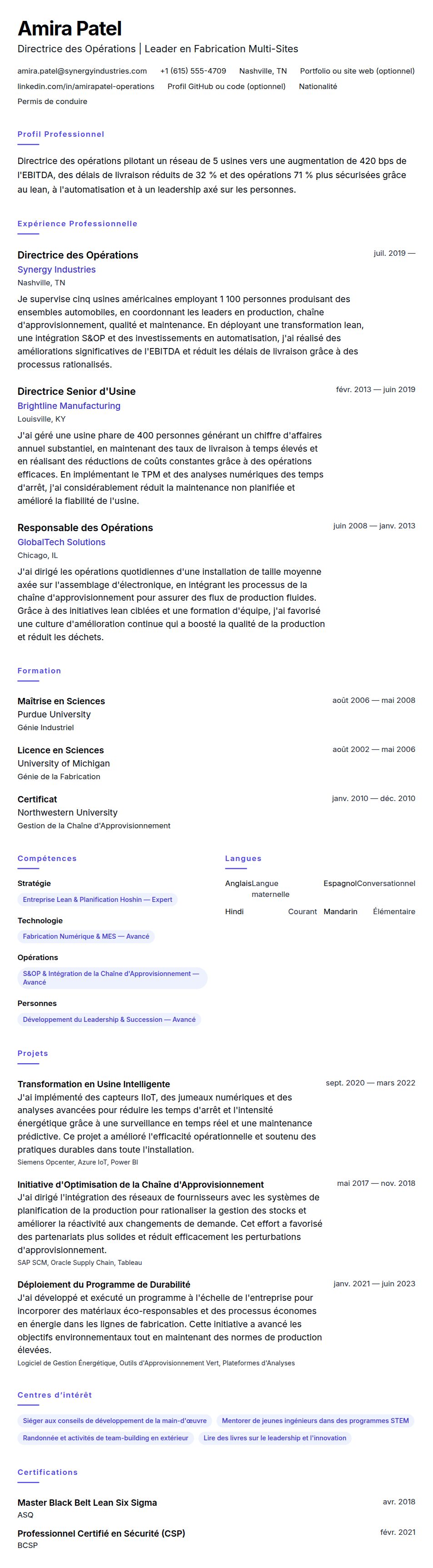 Aperçu du CV Exemple de CV de Directeur des Opérations