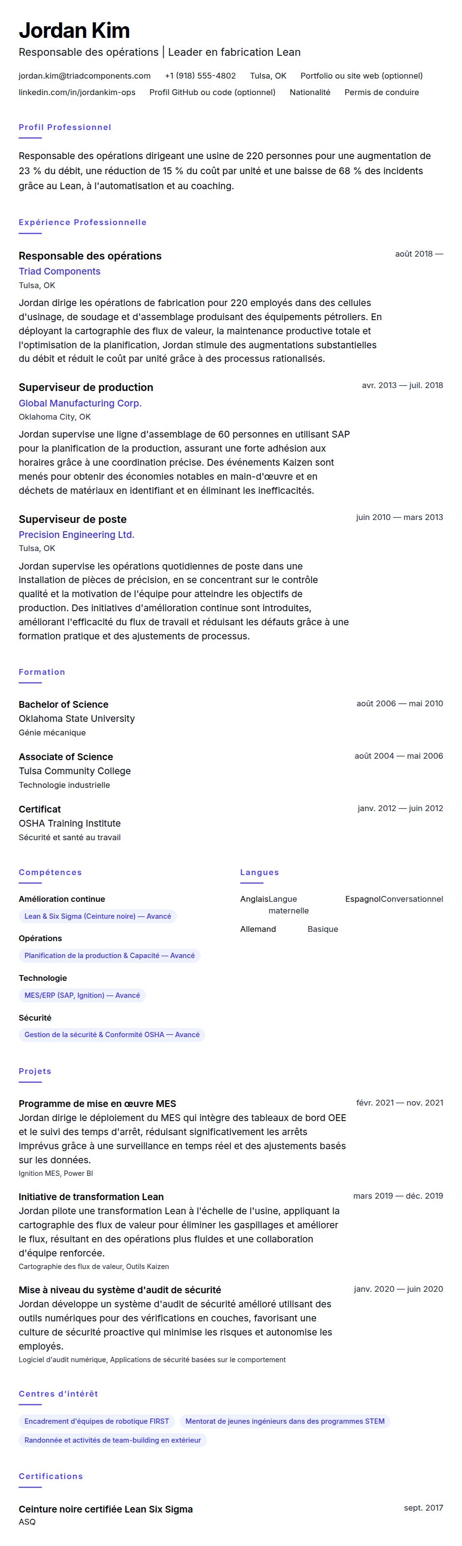 Aperçu du CV Exemple de CV de Responsable des opérations