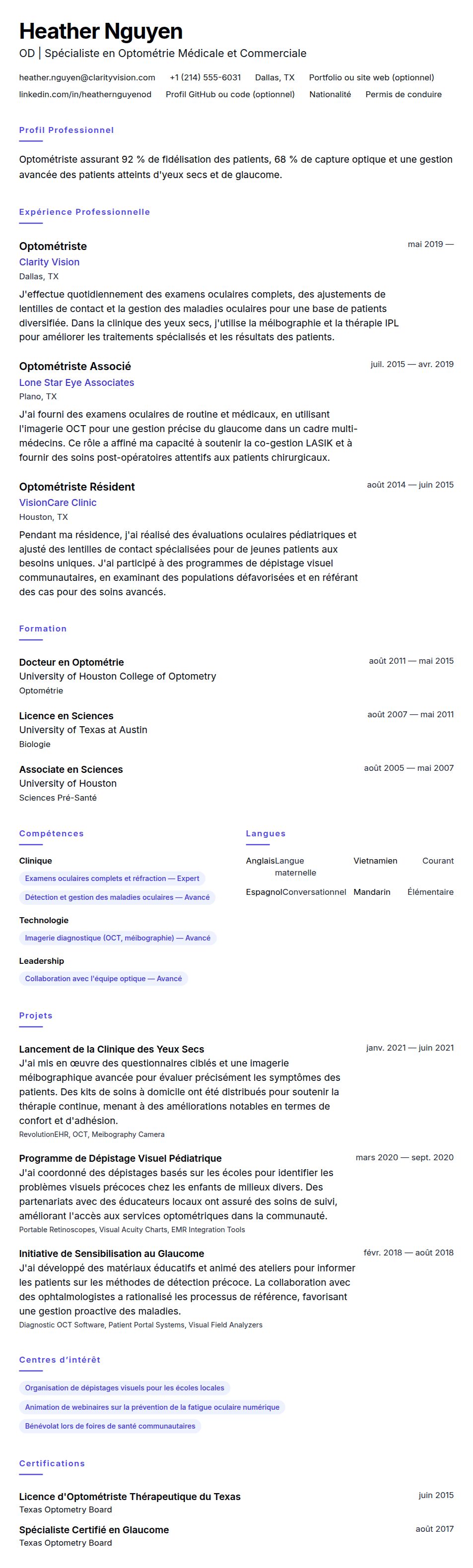 Aperçu du CV Exemple de CV d'Optométriste