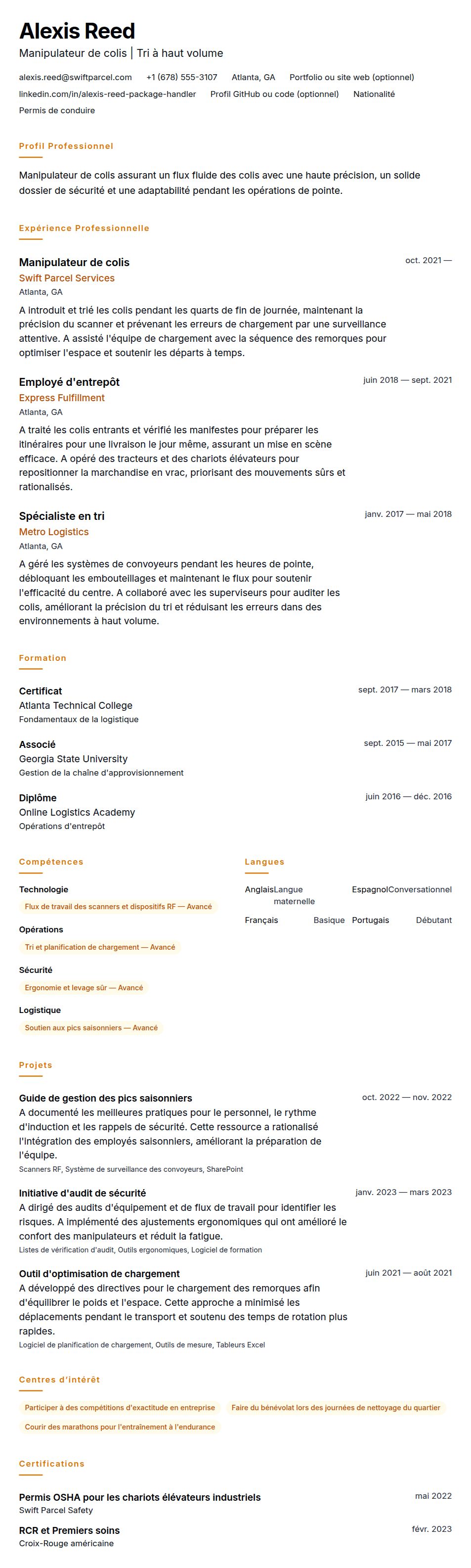 Exemple de CV de Manipulateur de colis