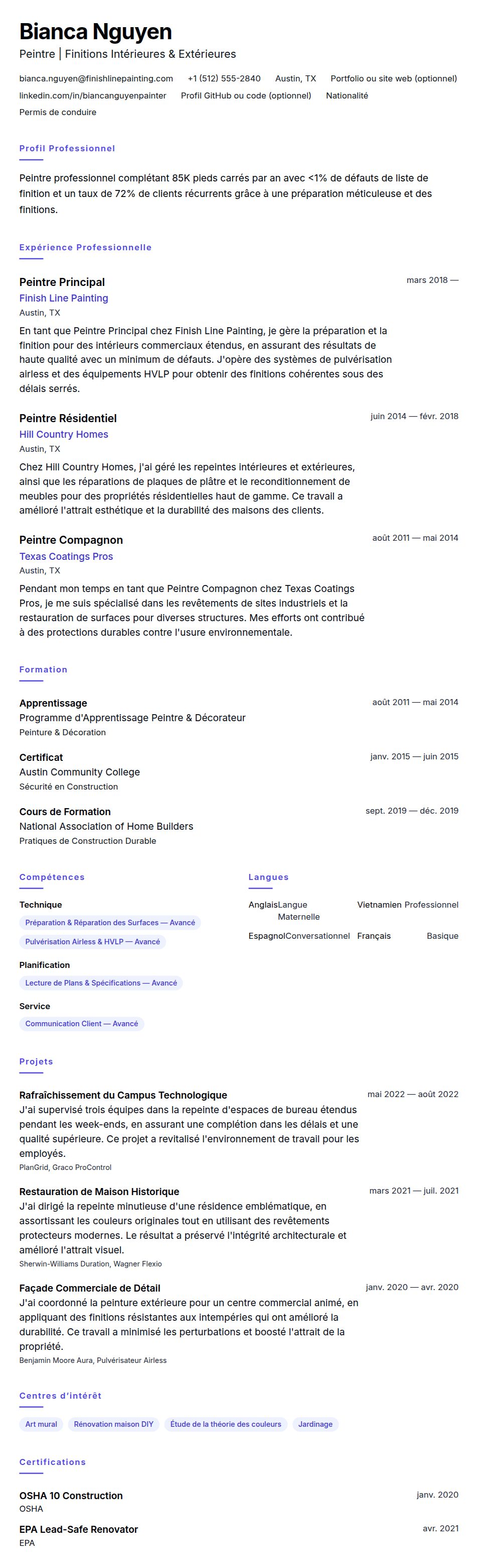Aperçu du CV Exemple de CV de Peintre