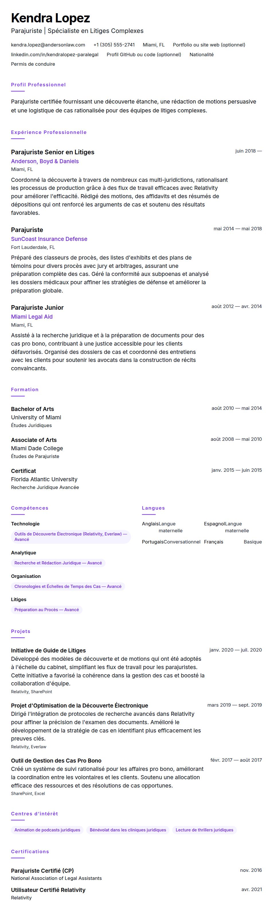 Aperçu du CV Exemple de CV de Parajuriste