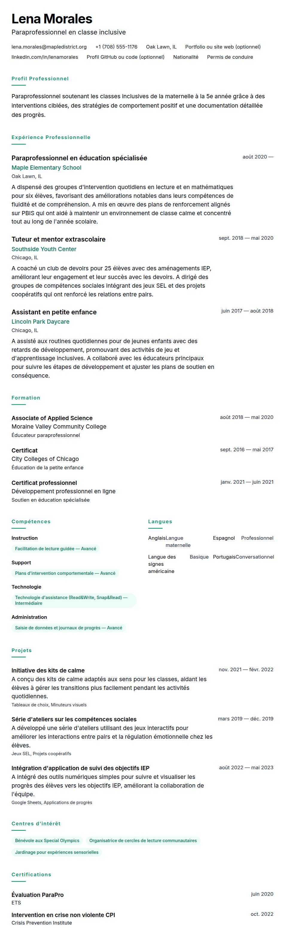 Aperçu du CV Exemple de CV de Paraprofessionnel