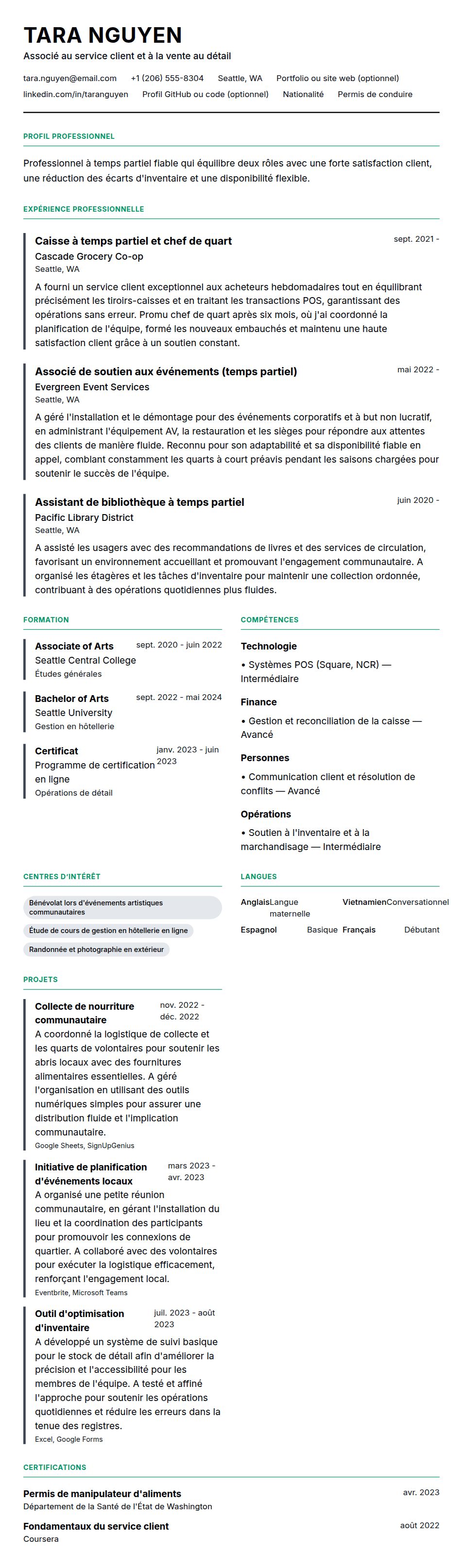 Aperçu du CV Exemple de CV pour un emploi à temps partiel