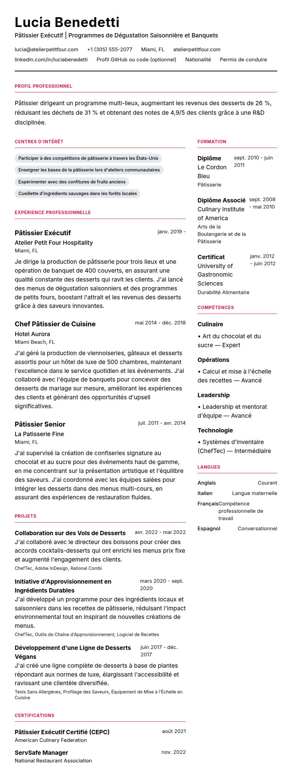 Aperçu du CV Exemple de CV de Pâtissier