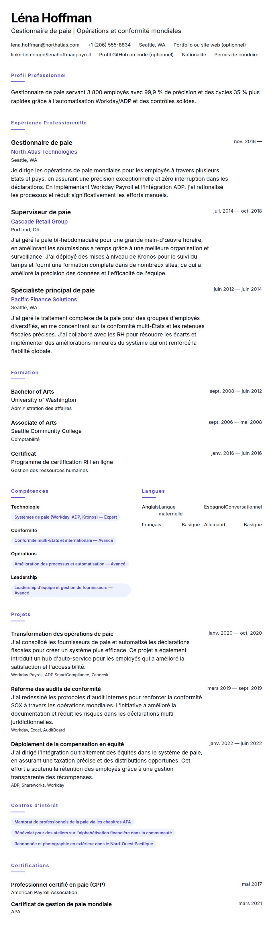 Aperçu du CV Exemple de CV de Gestionnaire de paie