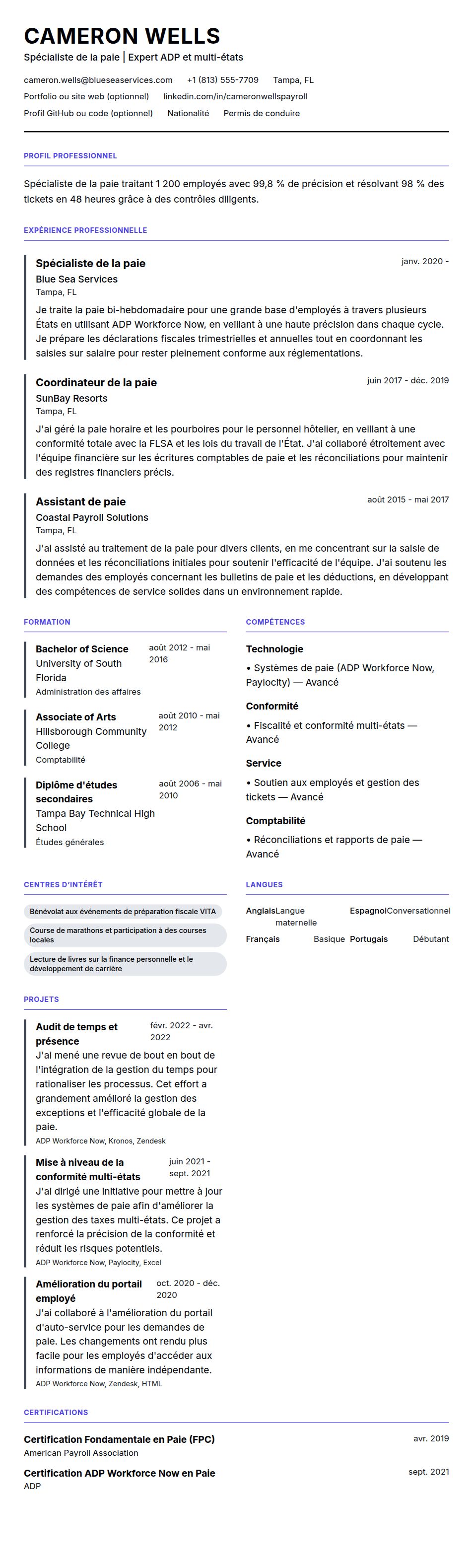 Aperçu du CV Exemple de CV de Spécialiste de la paie