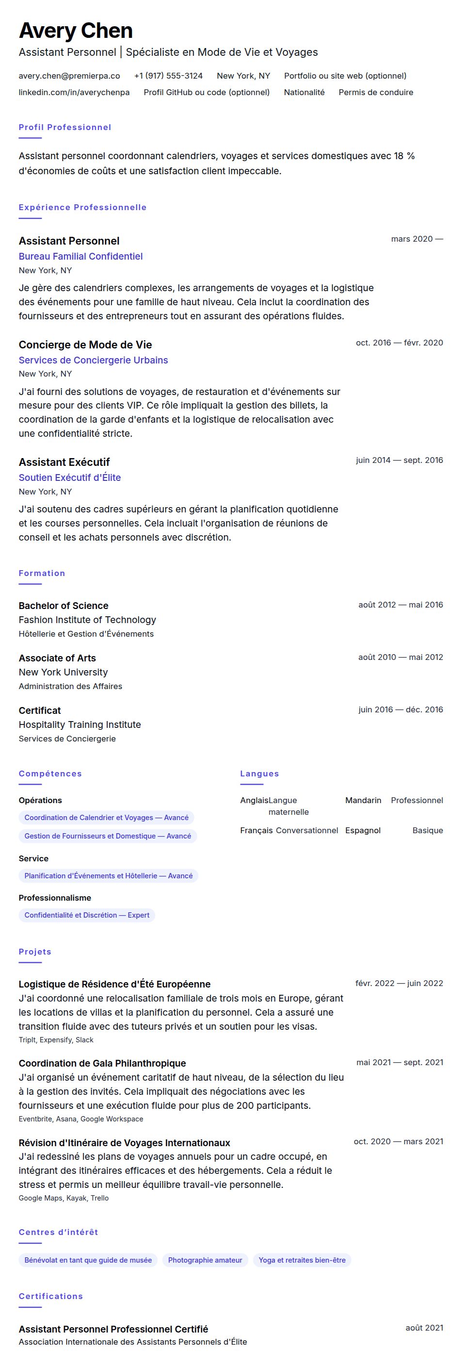 Aperçu du CV Exemple de CV d'Assistant Personnel