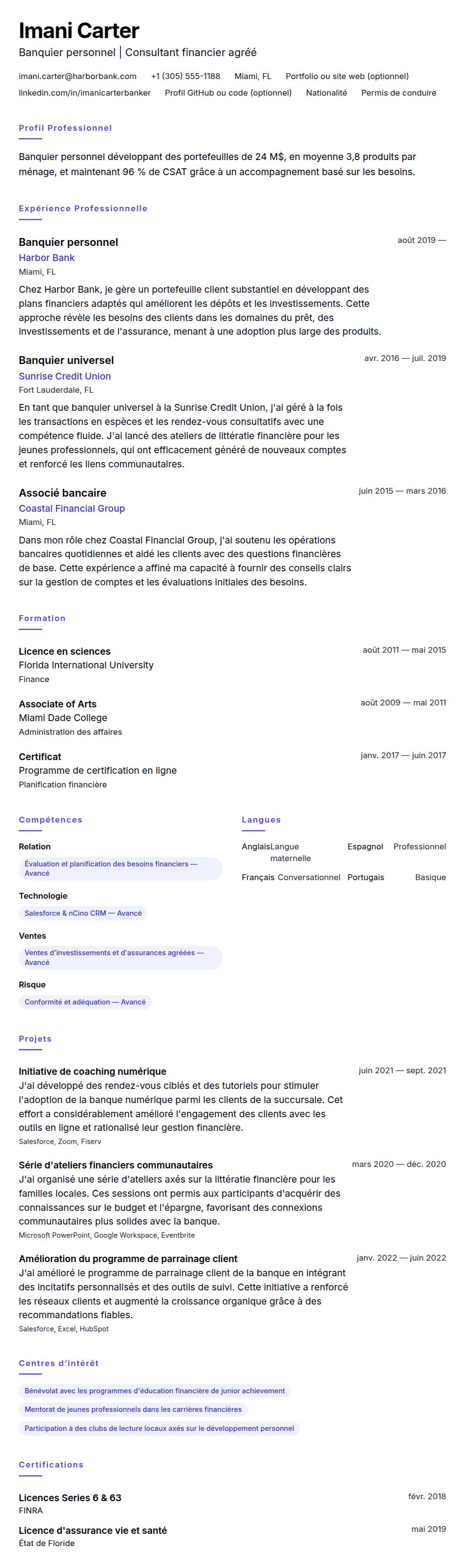 Aperçu du CV Exemple de CV de banquier personnel