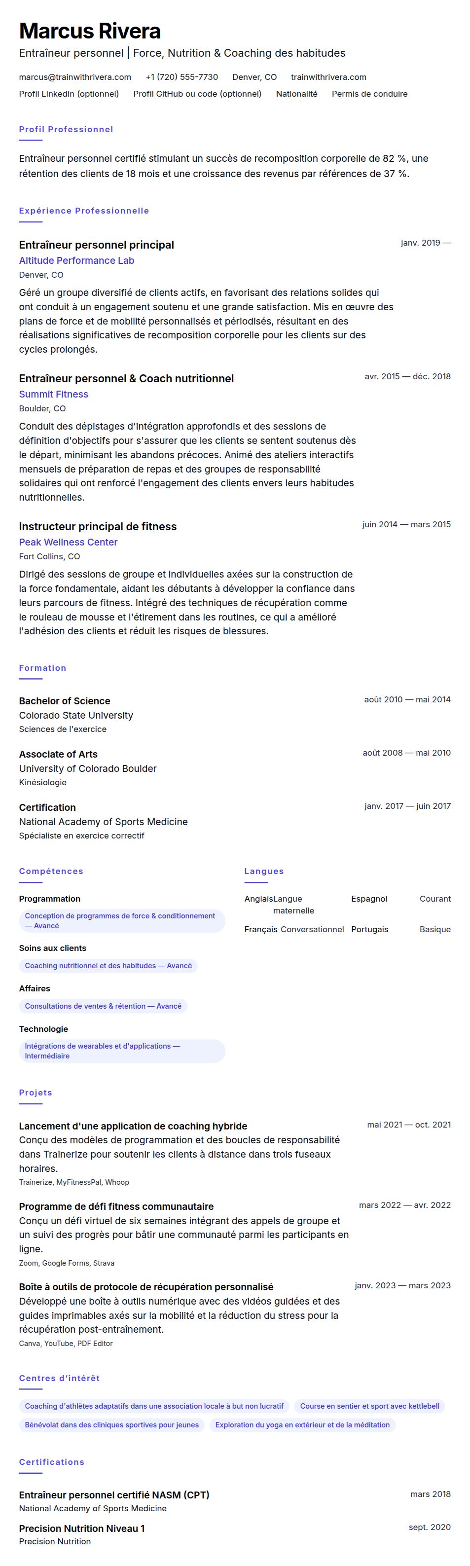 Aperçu du CV Exemple de CV d'Entraîneur personnel