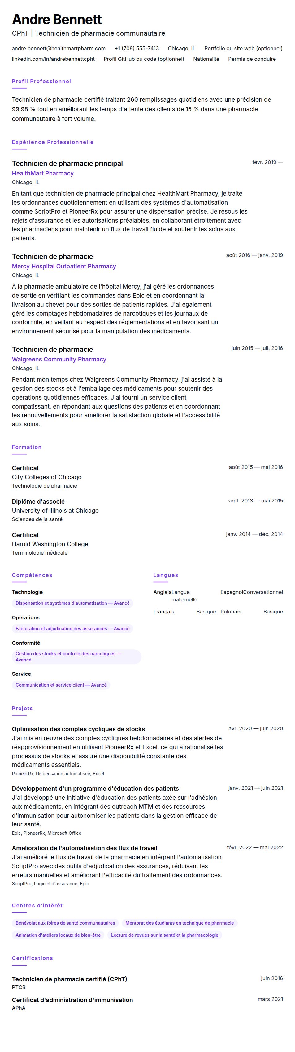 Aperçu du CV Exemple de CV de Technicien de pharmacie