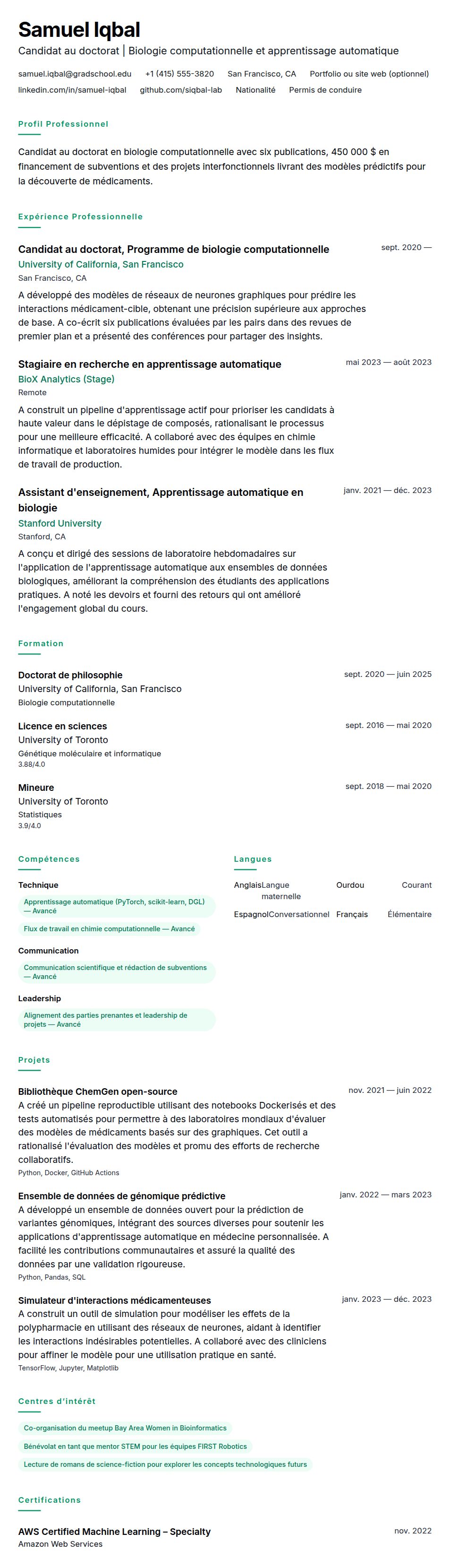 Aperçu du CV Exemple de CV de doctorat