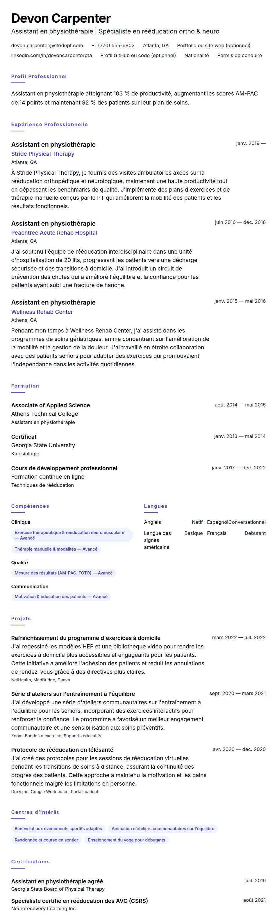 Aperçu du CV Exemple de CV d'Assistant en physiothérapie (PTA)
