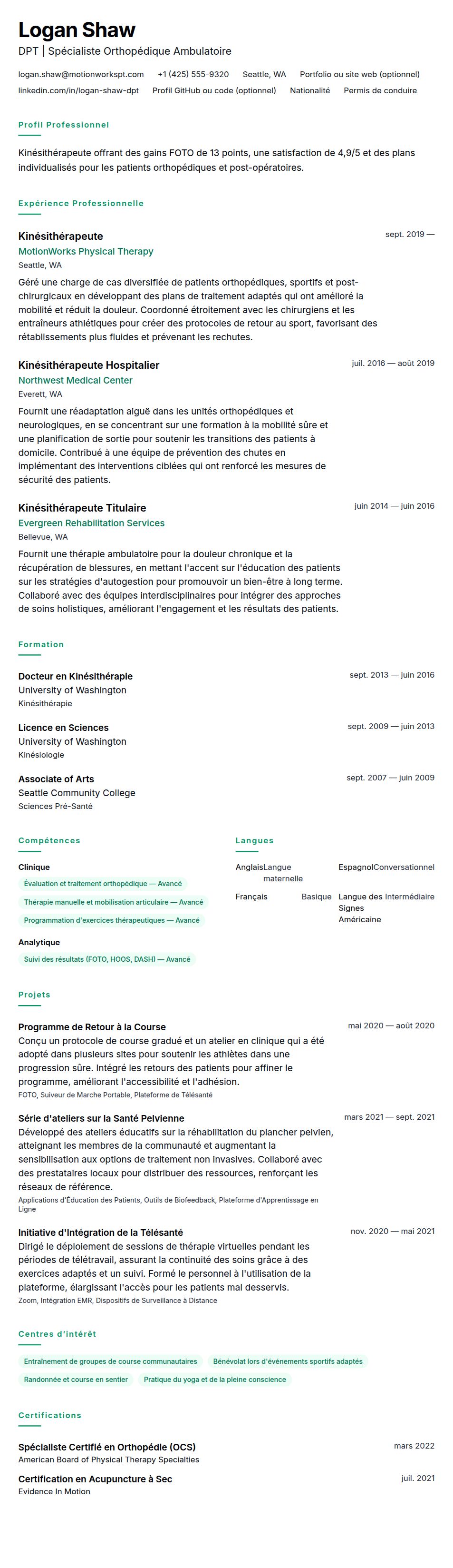 Aperçu du CV Exemple de CV de Kinésithérapeute