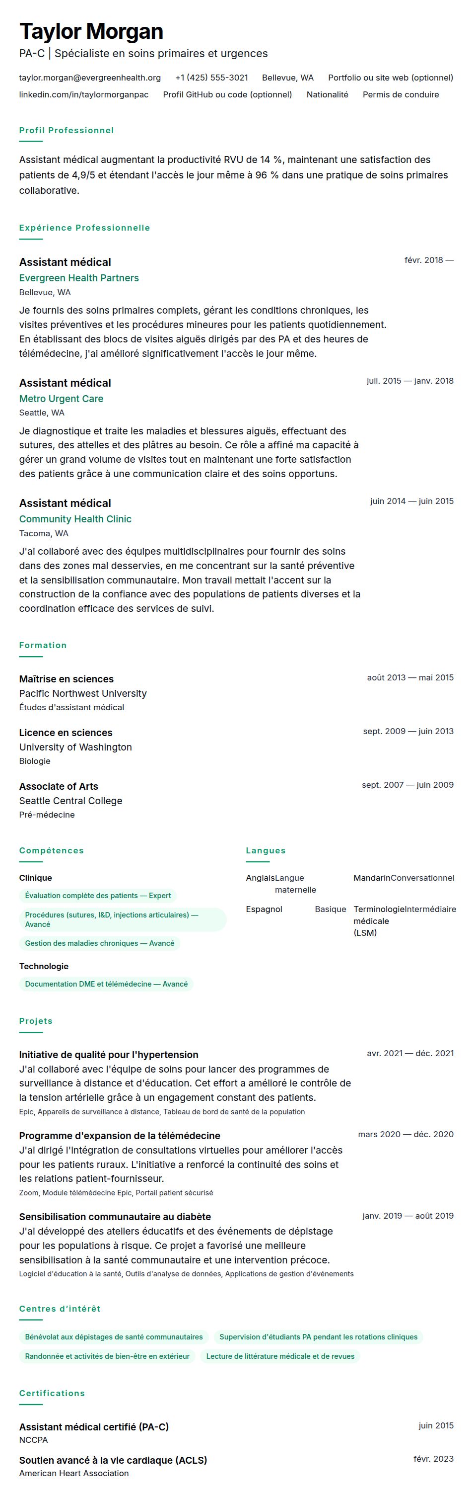Aperçu du CV Exemple de CV d'Assistant médical
