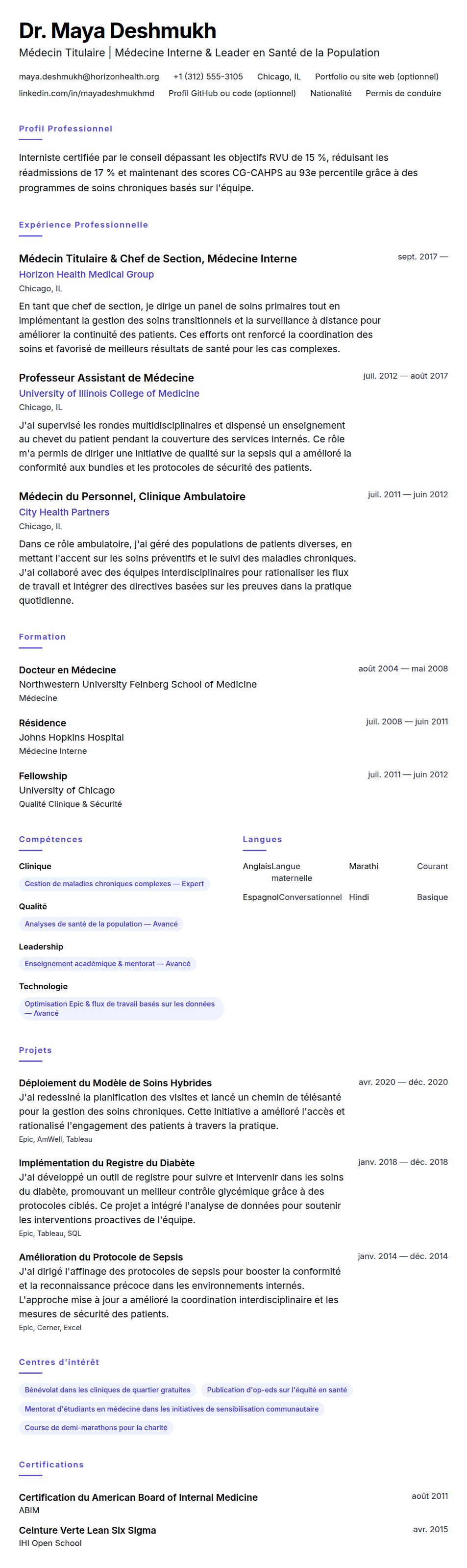 Aperçu du CV Exemple de CV de Médecin