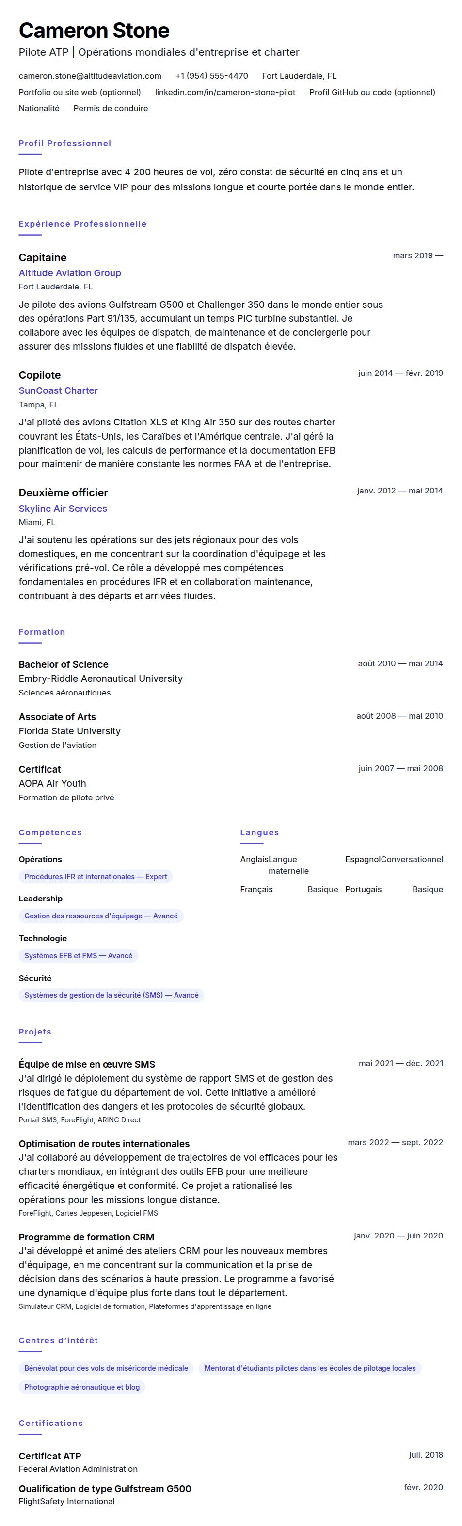 Exemple de CV de pilote