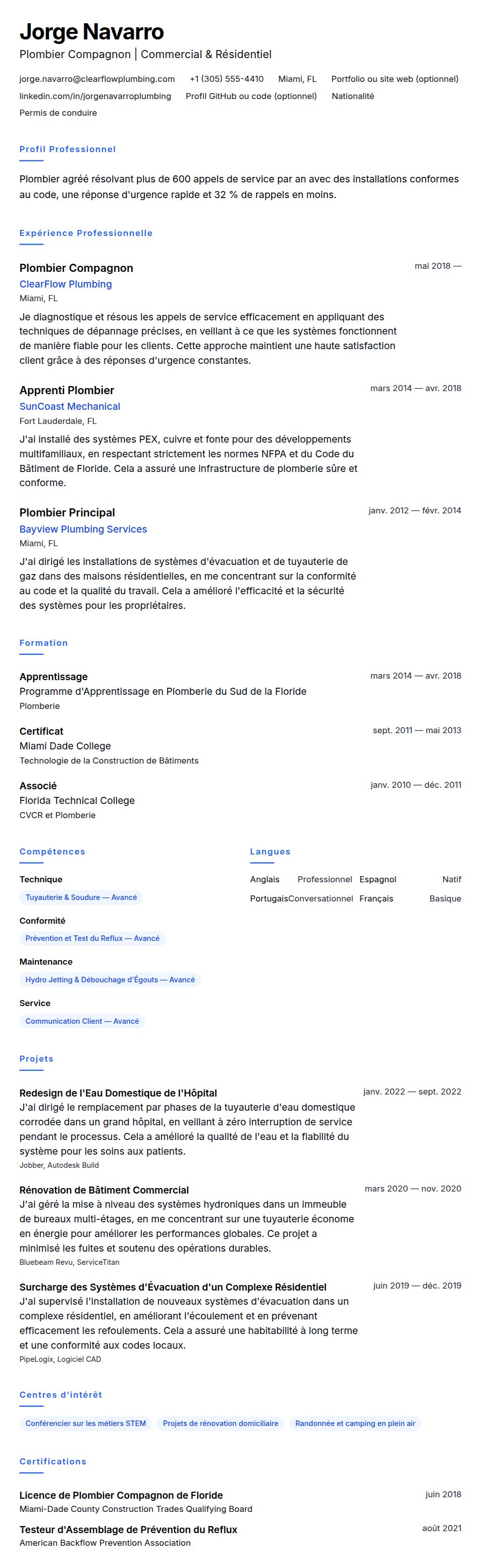Aperçu du CV Exemple de CV de Plombier