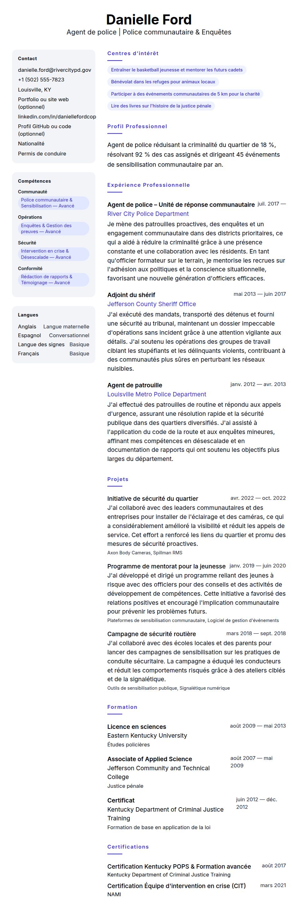 Exemple de CV d'agent de police