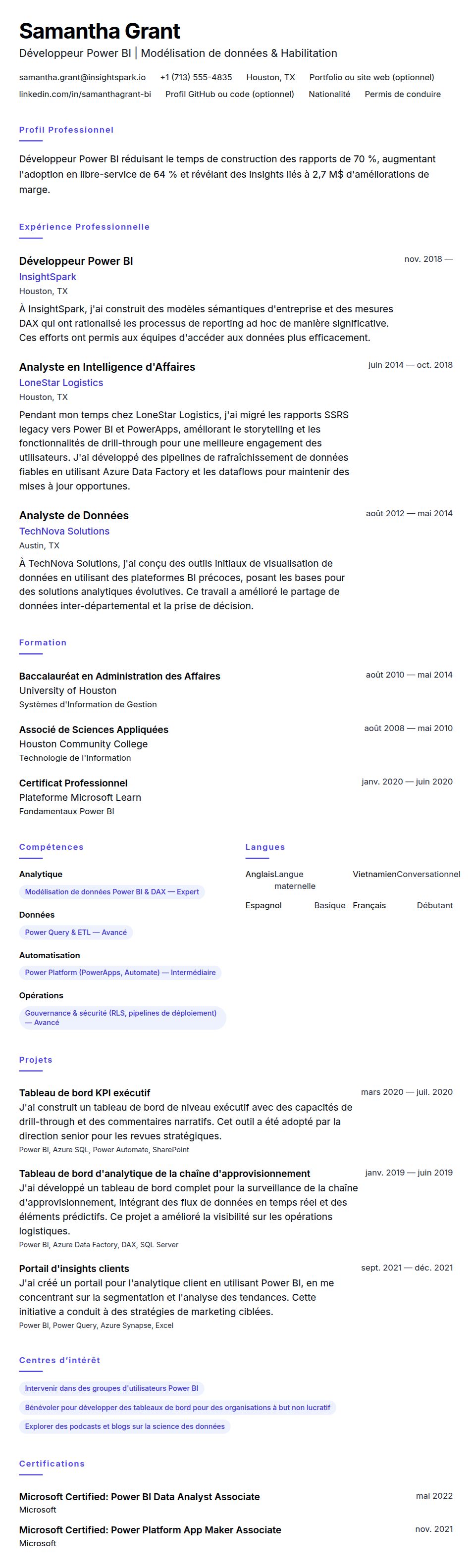 Aperçu du CV Exemple de CV de Développeur Power BI