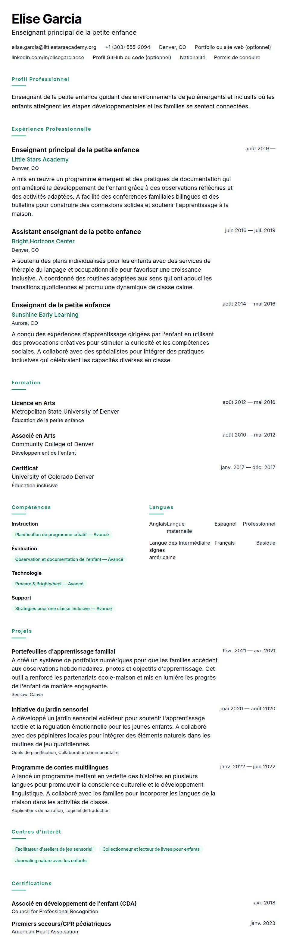 Aperçu du CV Exemple de CV pour Enseignant de la petite enfance