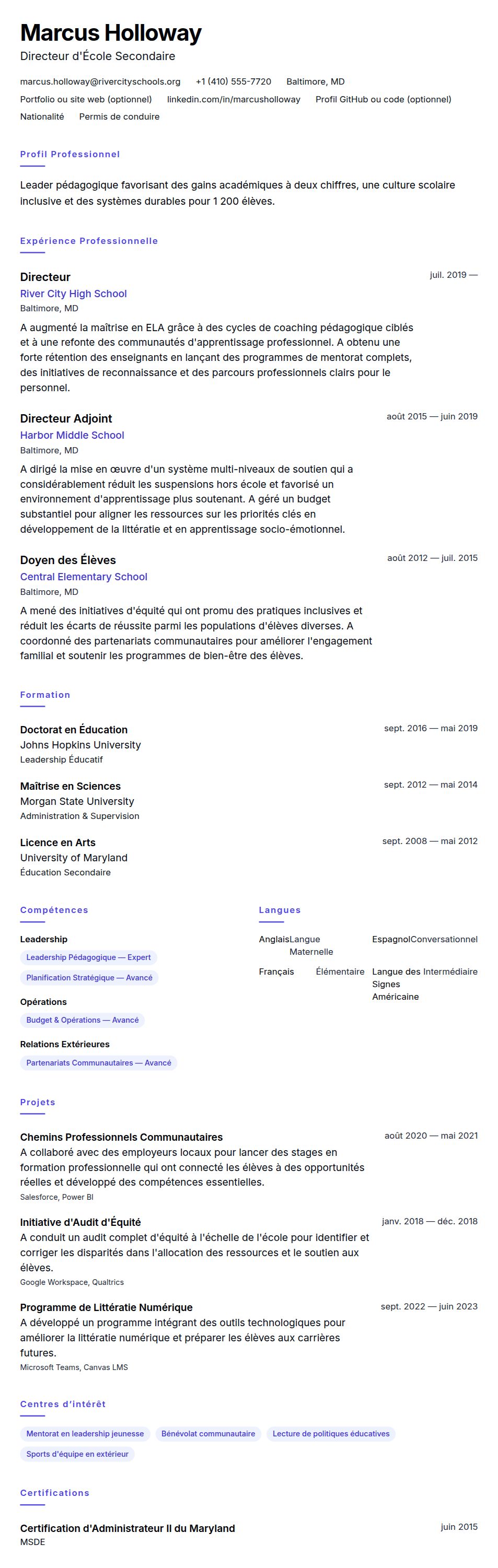 Aperçu du CV Exemple de CV de Directeur