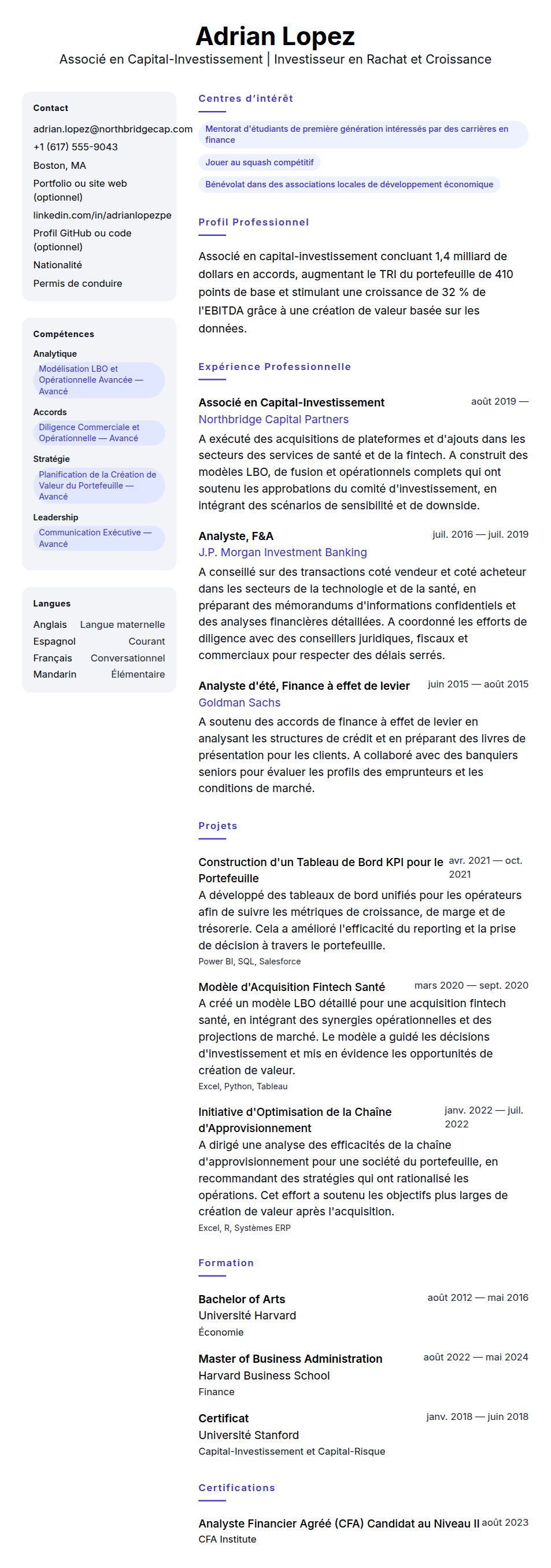 Aperçu du CV Exemple de CV d'Associé en Capital-Investissement