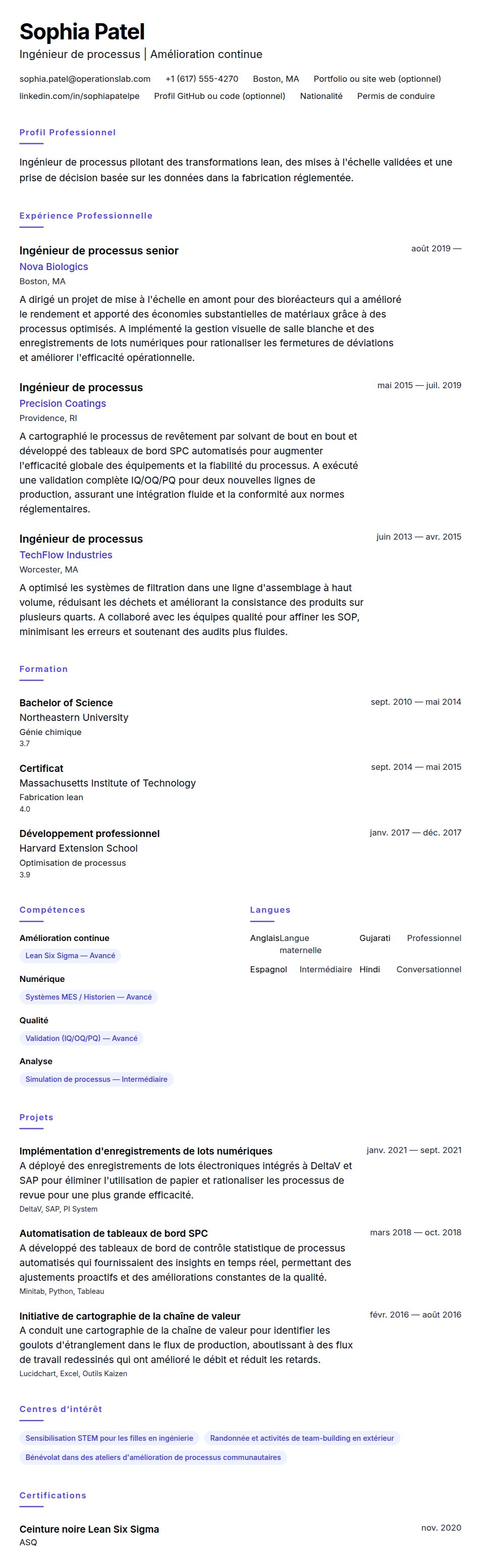 Aperçu du CV Exemple de CV d'Ingénieur de processus