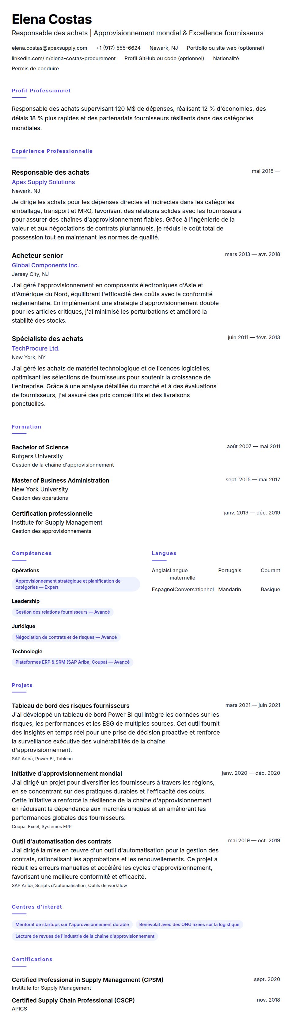 Aperçu du CV Exemple de CV de Responsable des achats