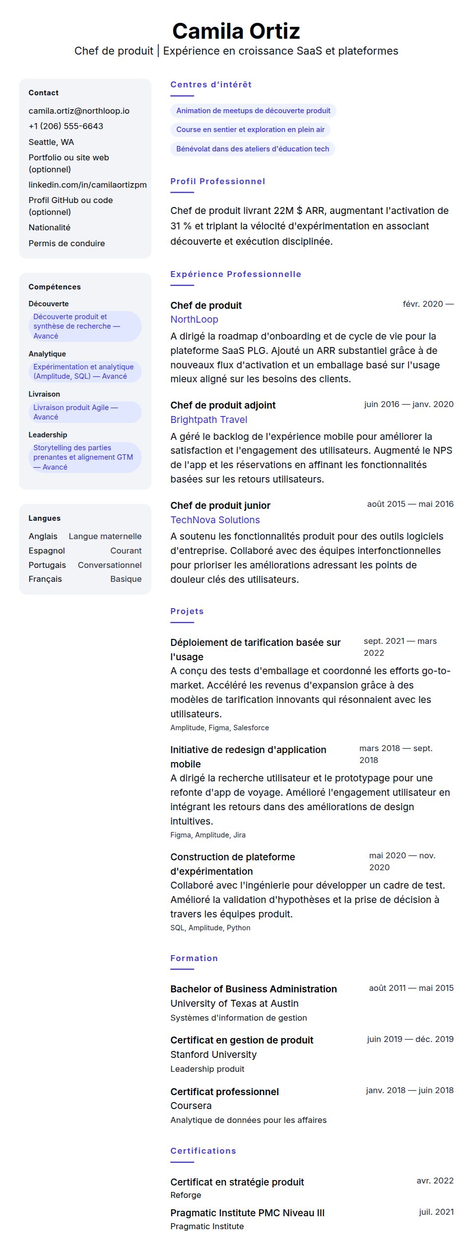 Aperçu du CV Exemple de CV de Chef de produit