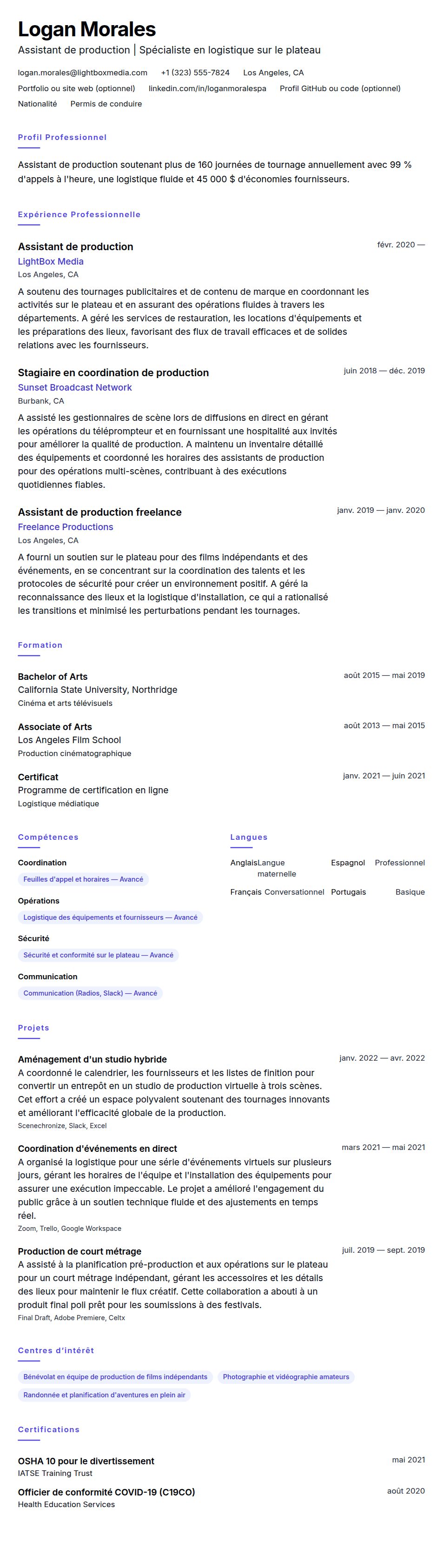 Exemple de CV d'Assistant de production