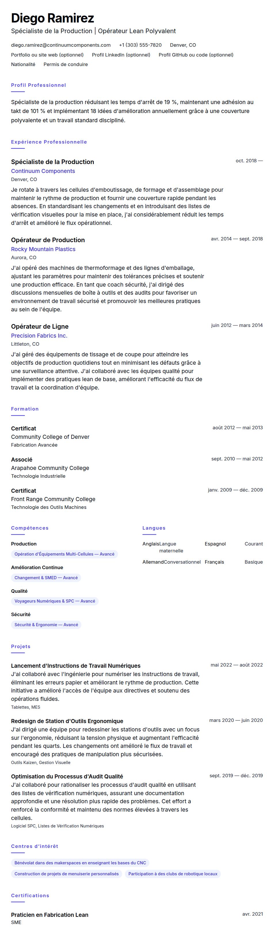Exemple de CV de Spécialiste de la Production