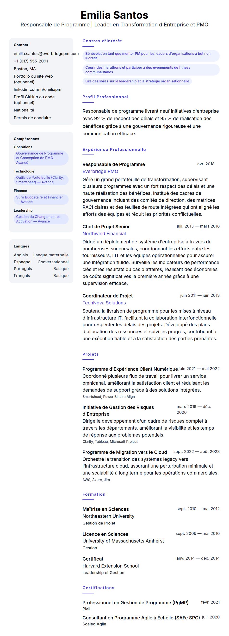 Aperçu du CV Exemple de CV de Responsable de Programme