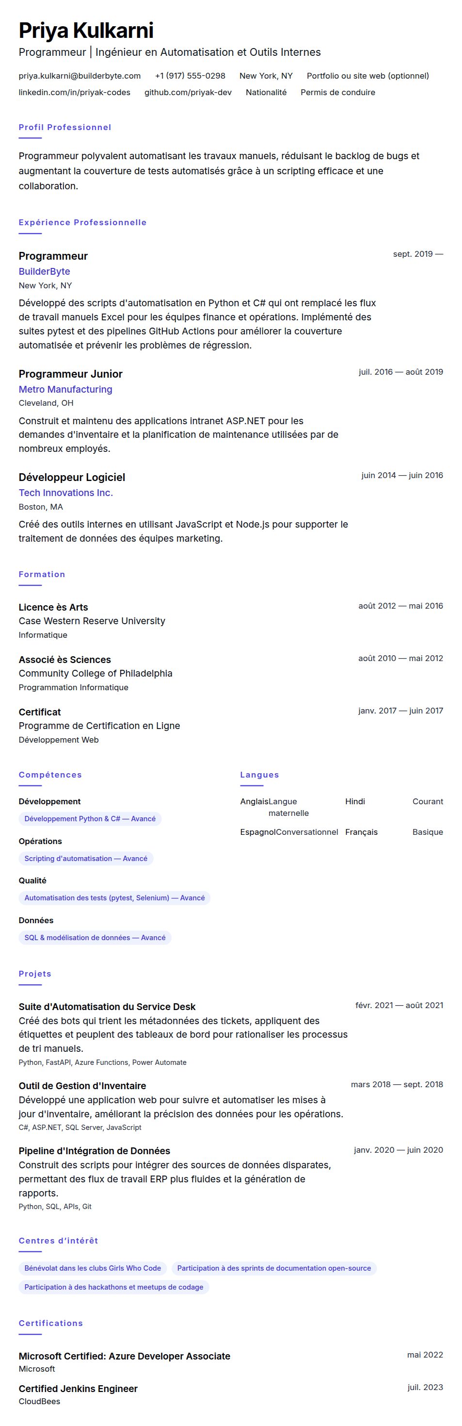 Exemple de CV de Programmeur