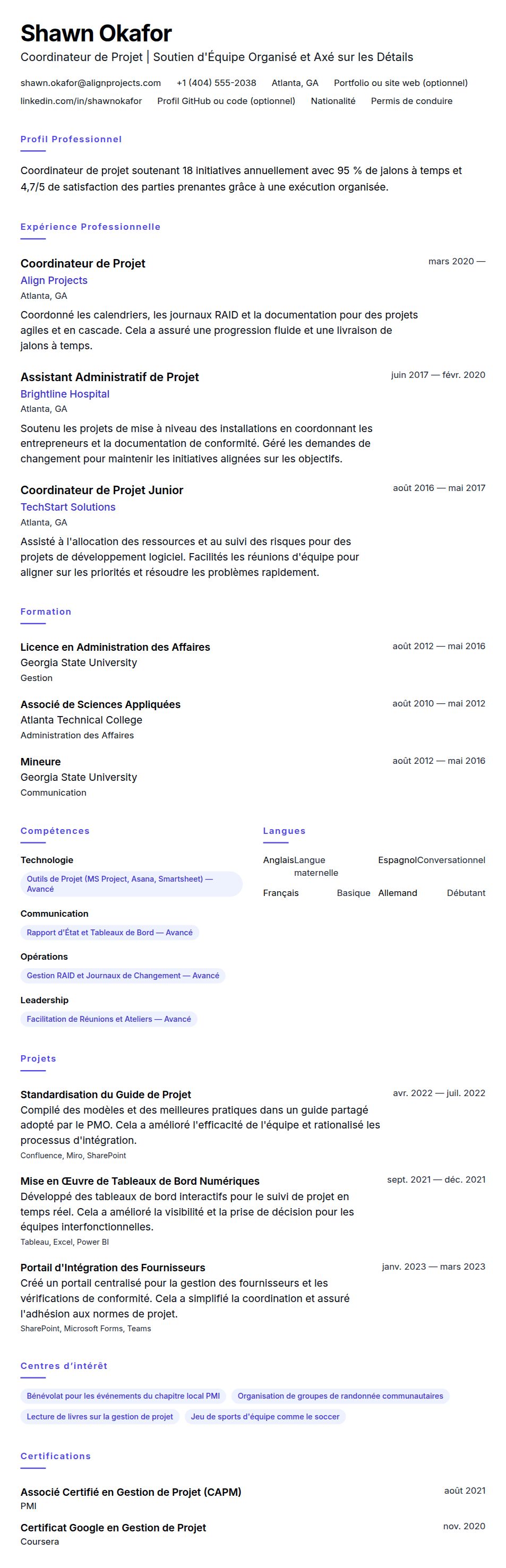 Aperçu du CV Exemple de CV de Coordinateur de Projet