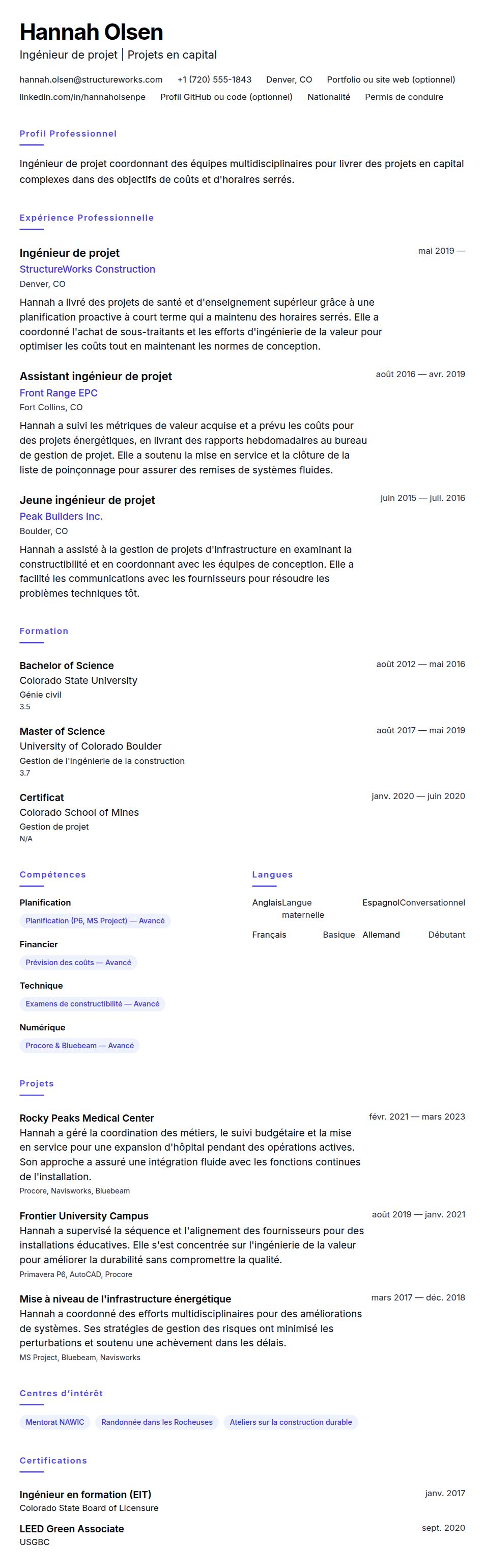 Aperçu du CV Exemple de CV d'Ingénieur de projet