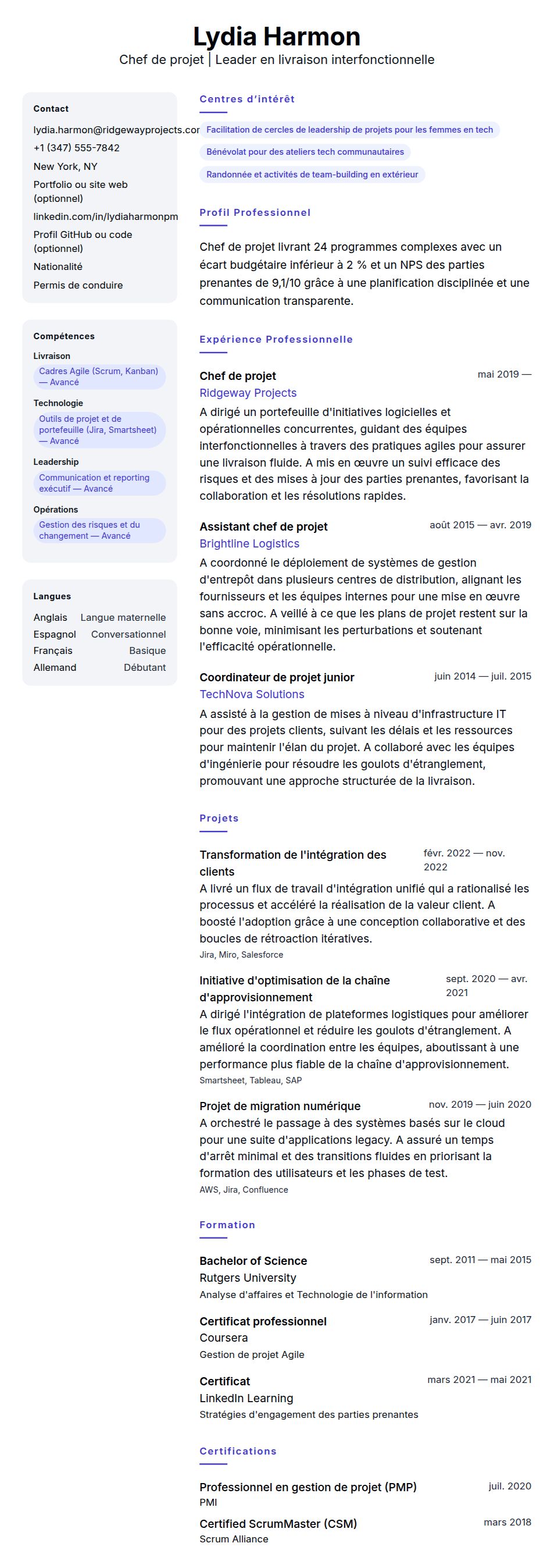 Aperçu du CV Exemple de CV de Chef de projet