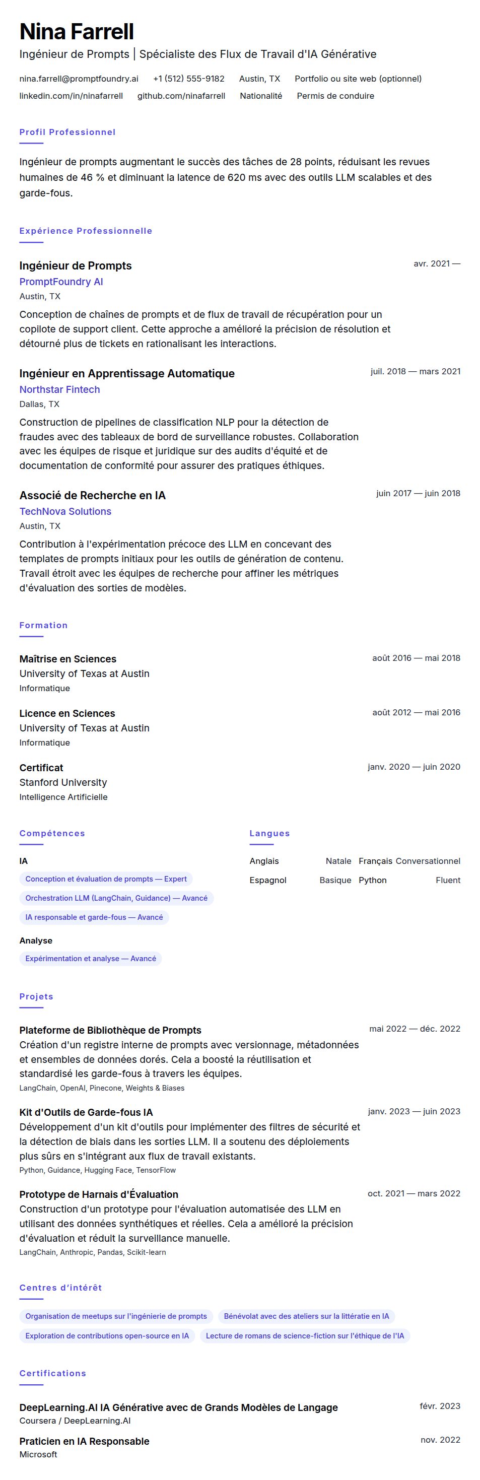 Aperçu du CV Exemple de CV d'Ingénieur de Prompts