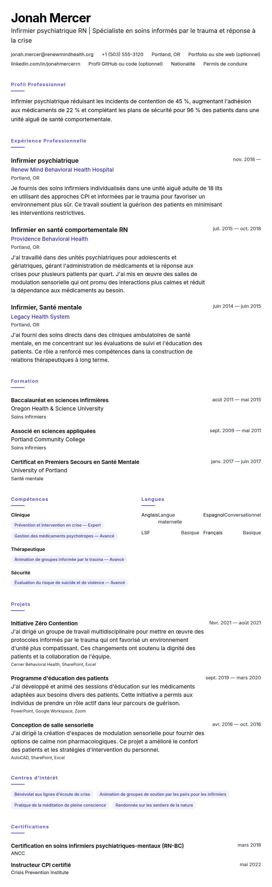 Aperçu du CV Exemple de CV d'infirmier psychiatrique