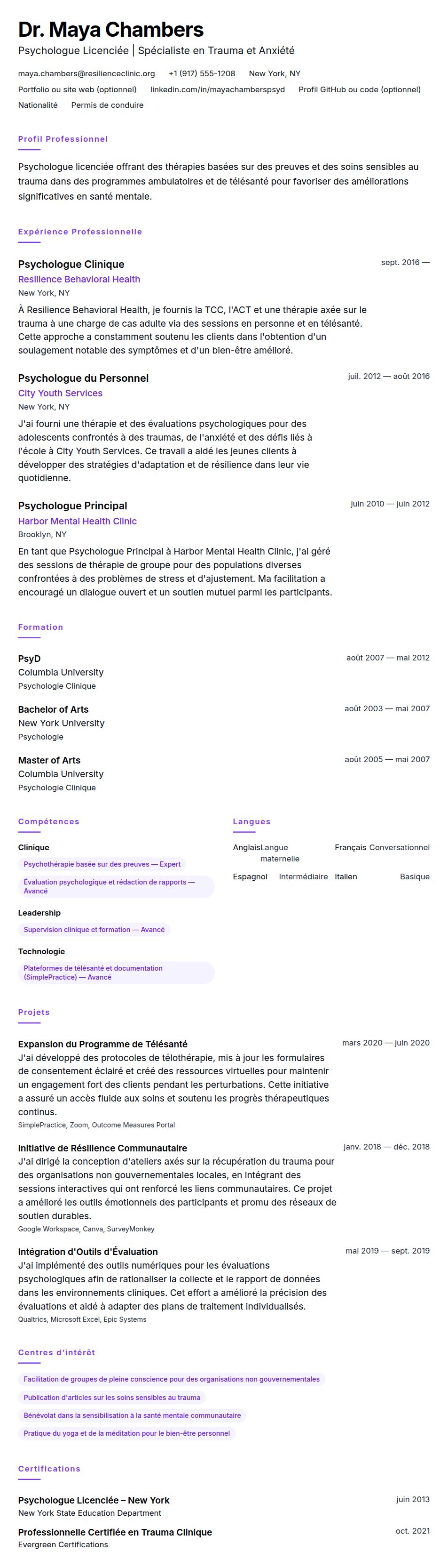 Exemple de CV de Psychologue